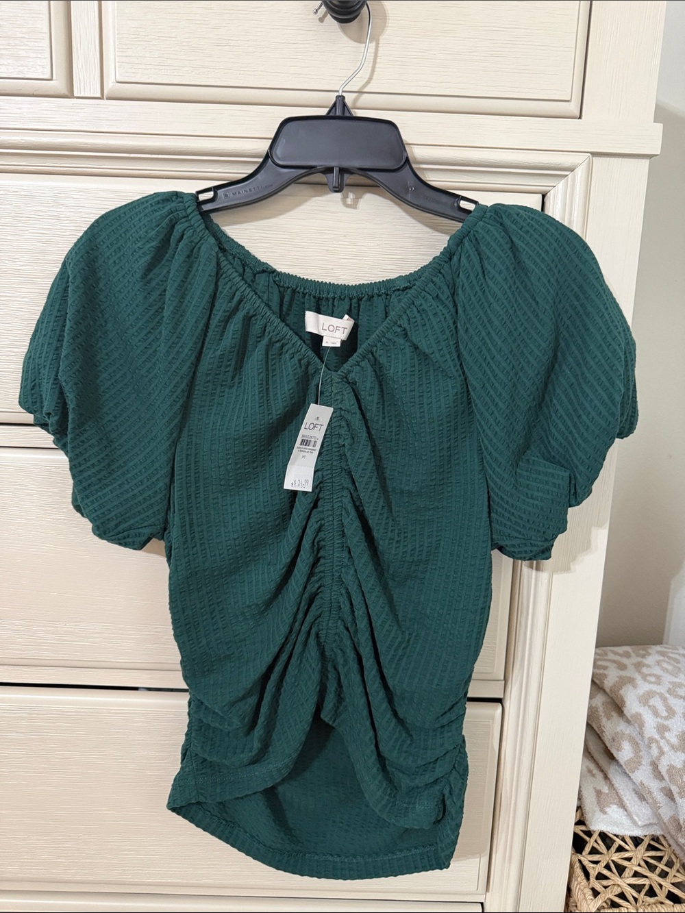 NWT LOFT Dark Green Ruched Puff-Sleeve Top